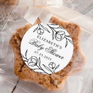 Sketched Floral Black and White Baby Shower Classic Round Sticker