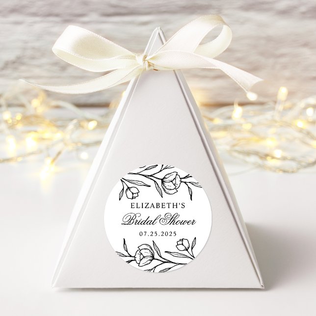 Sketched Floral Black and White Bridal Shower Classic Round Sticker (Creator Uploaded)