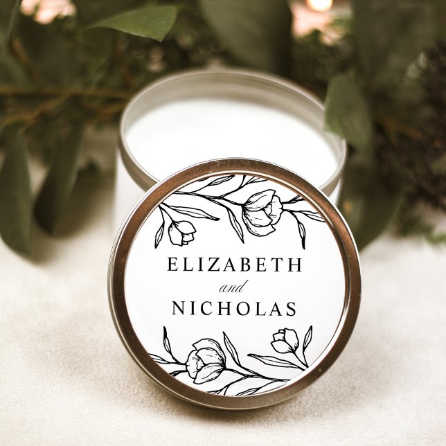 Sketched Floral Black and White Wedding Classic Round Sticker (Creator Uploaded)