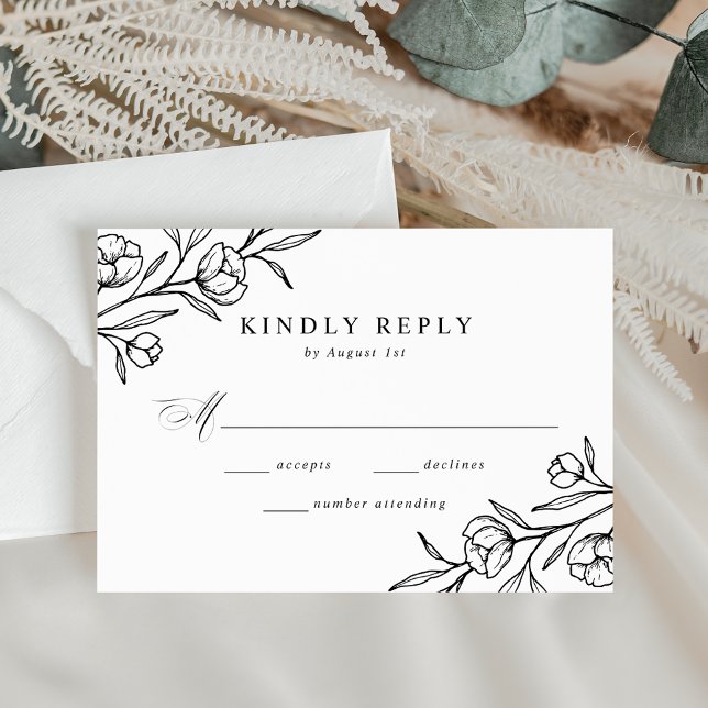 Sketched Floral Black and White Wedding RSVP Card (Creator Uploaded)