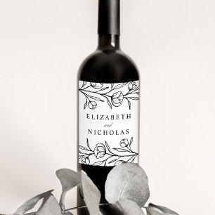 Sketched Floral Black and White Wedding Wine Label