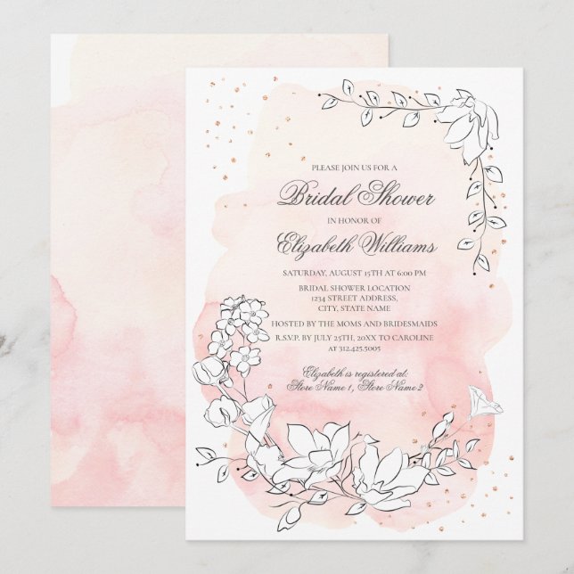 Sketched Floral Blush Pink Bridal Shower Invitation (Front/Back)