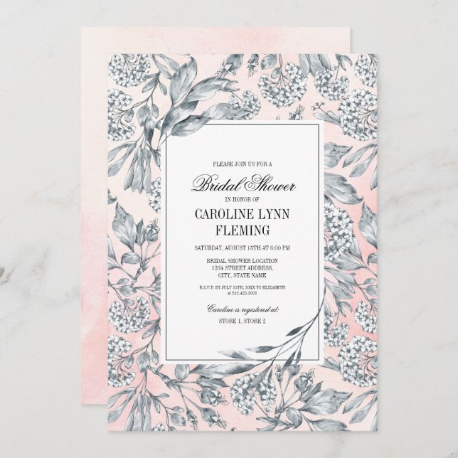 Sketched Floral Blush Pink Bridal Shower Invitation (Front/Back)