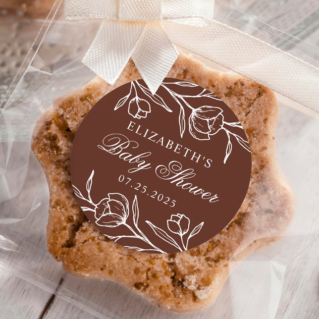 Sketched Floral Brown Baby Shower Classic Round Sticker (Creator Uploaded)