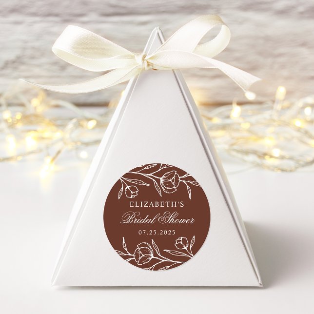 Sketched Floral Brown Bridal Shower Classic Round Sticker (Creator Uploaded)