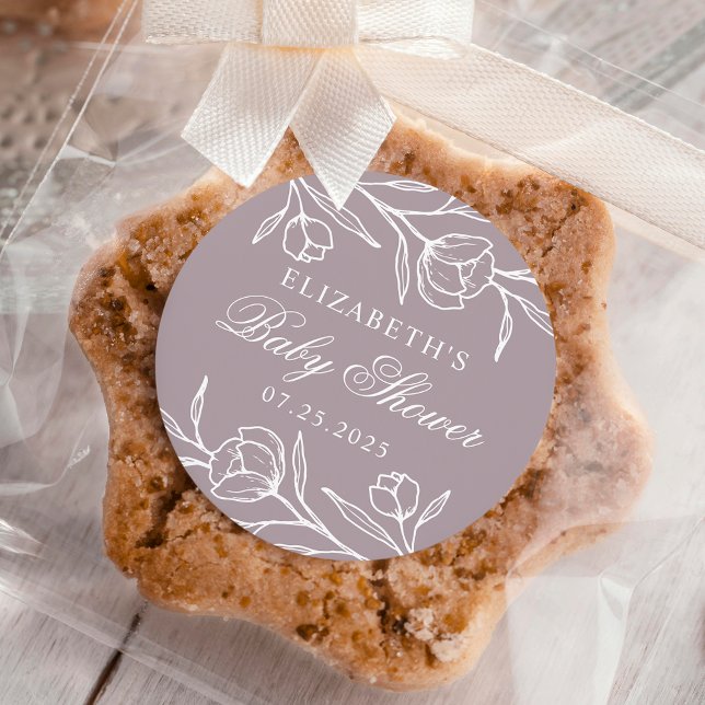 Sketched Floral Dusty Purple Baby Shower Classic Round Sticker (Creator Uploaded)