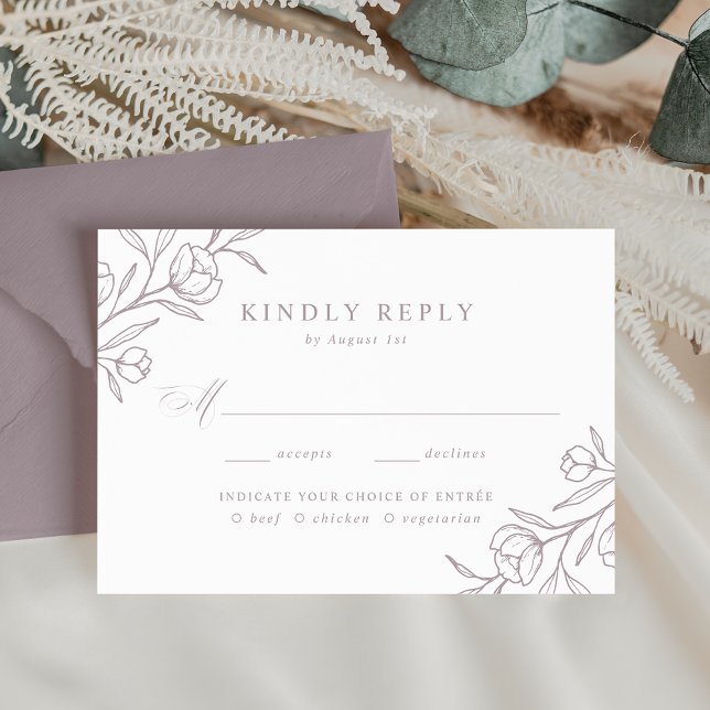 Sketched Floral Dusty Purple Meal Choice Wedding RSVP Card (Creator Uploaded)