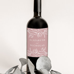 Sketched Floral Dusty Rose Wedding Wine Label