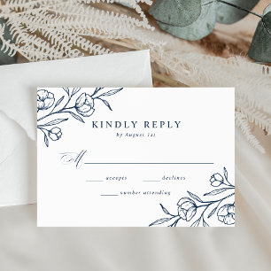Sketched Floral Navy Wedding RSVP Card