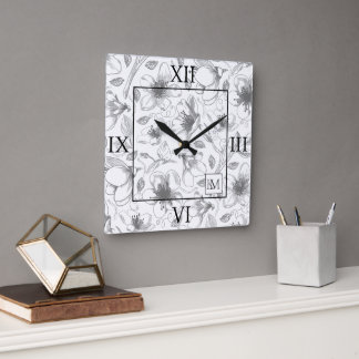 Sketched Floral Outline Lg Roman Grey/Wht ID939 Square Wall Clock
