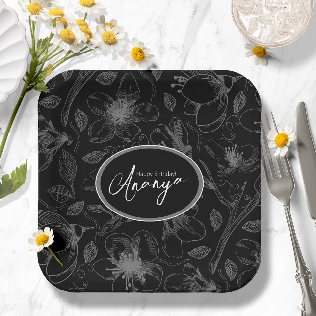 Sketched Floral Outline Pattern Gray/Blk ID939 Paper Plate (Creator Uploaded)