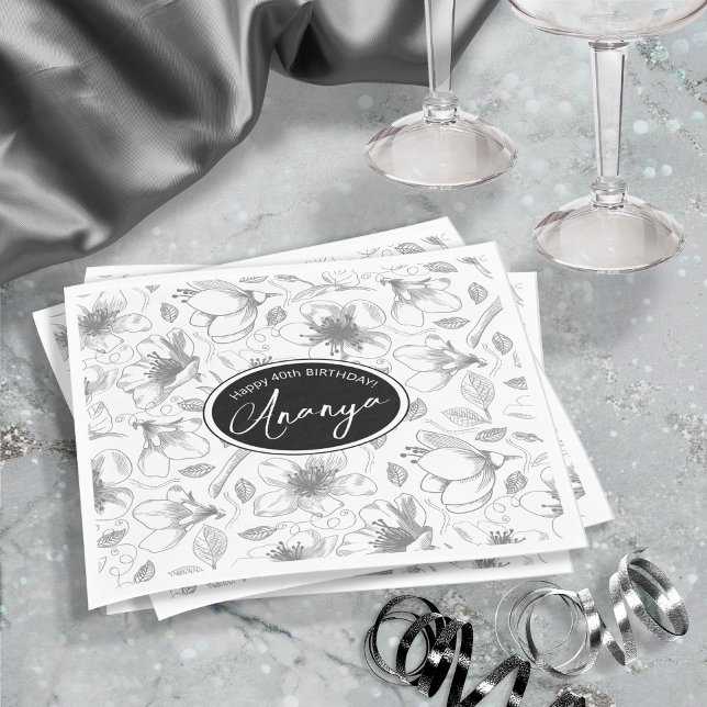 Sketched Floral Outline Pattern Gray/Wht ID939 Napkin (Creator Uploaded)