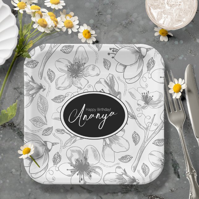 Sketched Floral Outline Pattern Gray/Wht ID939 Paper Plate (Creator Uploaded)