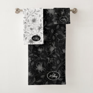 Sketched Floral Outline Pattern Grey/Blk ID939 Bath Towel Set