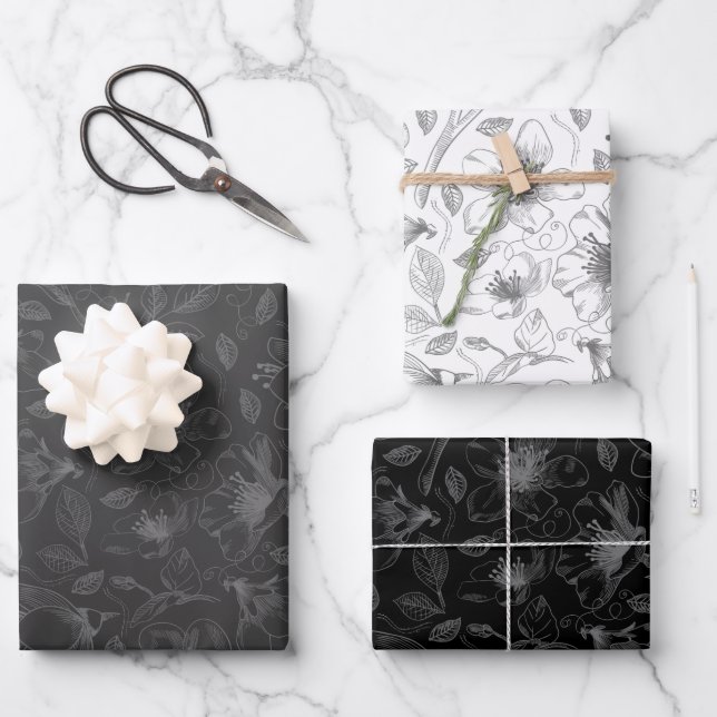 Sketched Floral Outline Pattern Grey/Wht/Bk ID939  Wrapping Paper Sheet (Front)