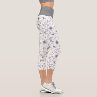 Sketched Floral Outline Pattern Grey/Wht ID939 Capri Leggings