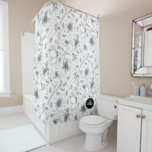 Sketched Floral Outline Pattern Grey/Wht ID939 Shower Curtain