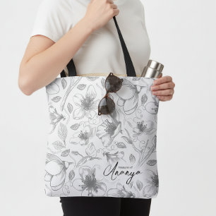Sketched Floral Outline Pattern Grey/Wht ID939 Tote Bag