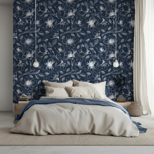 Sketched Floral Outline Pattern Wht/Navy ID939 Wallpaper