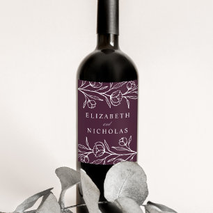 Sketched Floral Purple Wedding Wine Label
