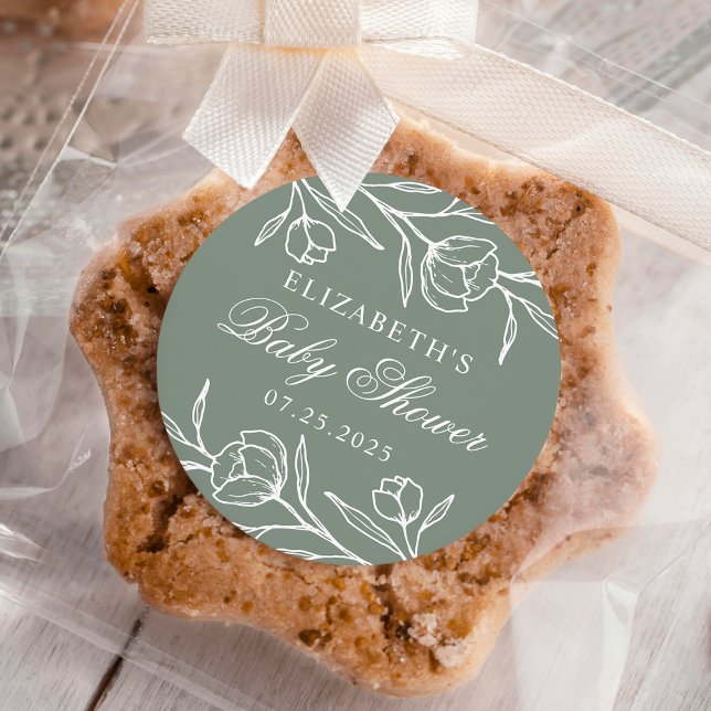 Sketched Floral Sage Green Baby Shower Classic Round Sticker (Creator Uploaded)