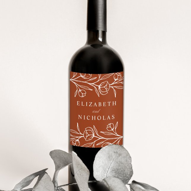 Sketched Floral Terracotta Wedding Wine Label (Creator Uploaded)