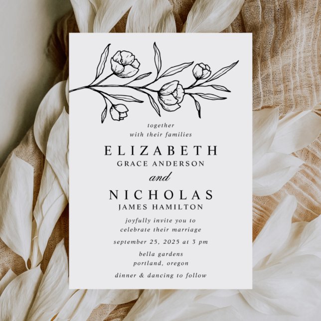 Sketched Floral White and Black Wedding Invitation (Creator Uploaded)