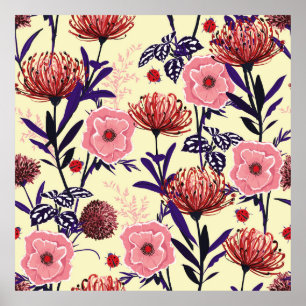 Sketched flower design in bright colours seamless poster