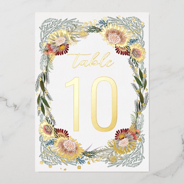 Sketched Flowers Boho Gold Foil Table Numbers (Front)