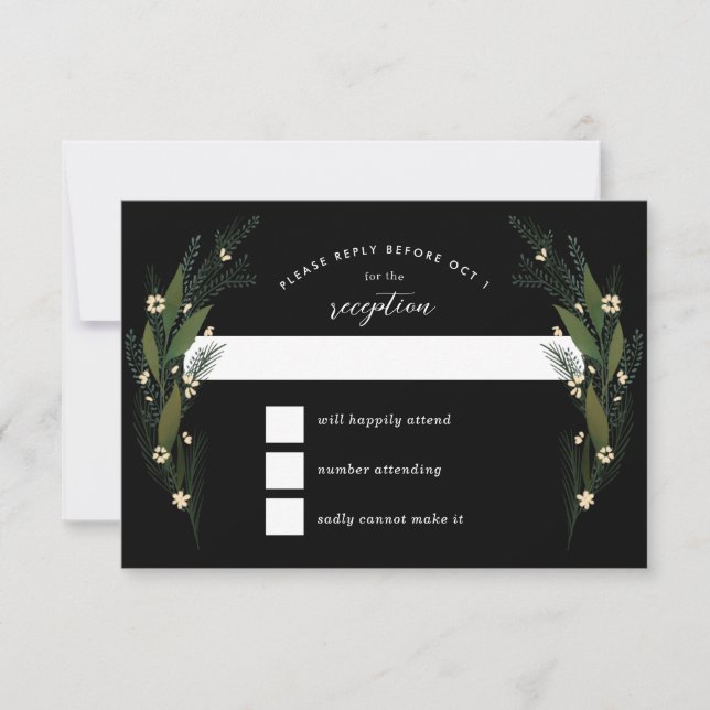 Sketched Flowers Leaves Greenery Black Wedding RSVP Card (Front)