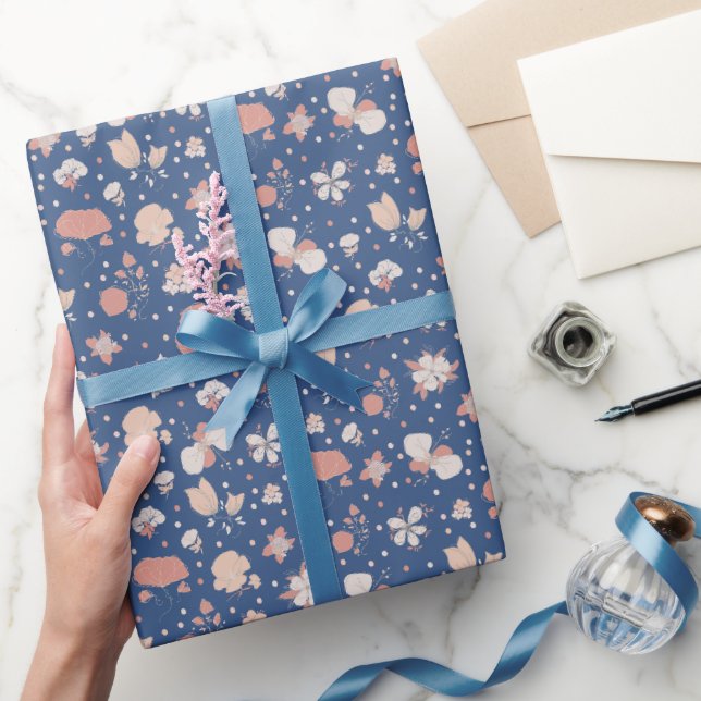 Sketched Flowers on Blue Wrapping Paper (Gifting)