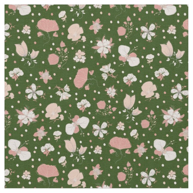 Sketched Flowers on Dark Green Fabric (Close Up)