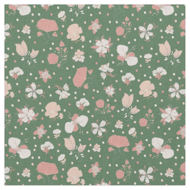 Sketched Flowers on Green Fabric (Close Up)