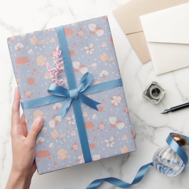 Sketched Flowers on Light Blue Wrapping Paper (Gifting)