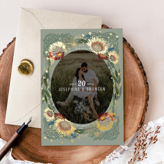 Sketched Flowers Unique Photo Save the Date Gold (Creator Uploaded)