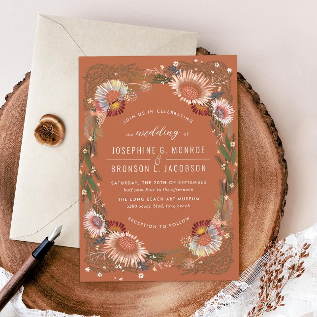 Sketched Flowers Unique Terracotta Orange Wedding Invitation (Creator Uploaded)