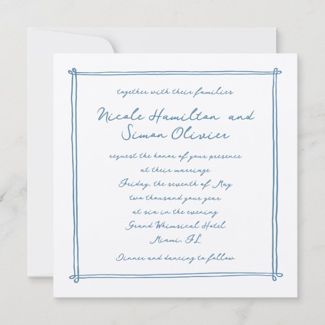 Sketched frame Blue Whimsical Hand Drawn Wedding  Invitation (Front)