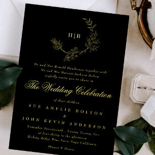 Sketched Gold Floral Wreath Monogram Onyx Wedding