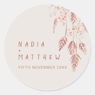 Sketched grass berries brown orange wedding classic round sticker
