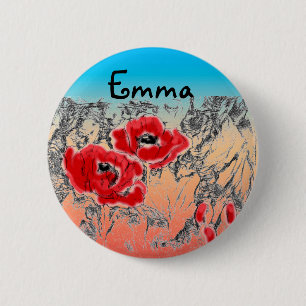 Sketched grey black red flowers poppies floral gra 6 cm round badge