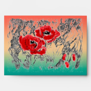 Sketched grey black red flowers poppies floral gra envelope