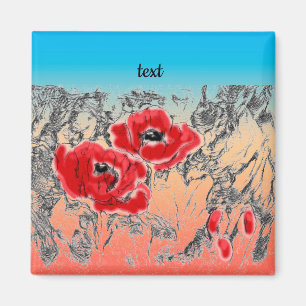 Sketched grey black red flowers poppies floral gra magnet