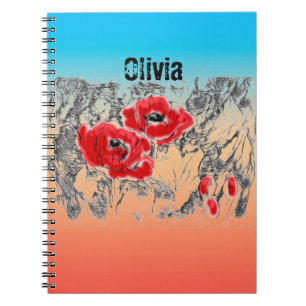 Sketched grey black red flowers poppies floral gra notebook