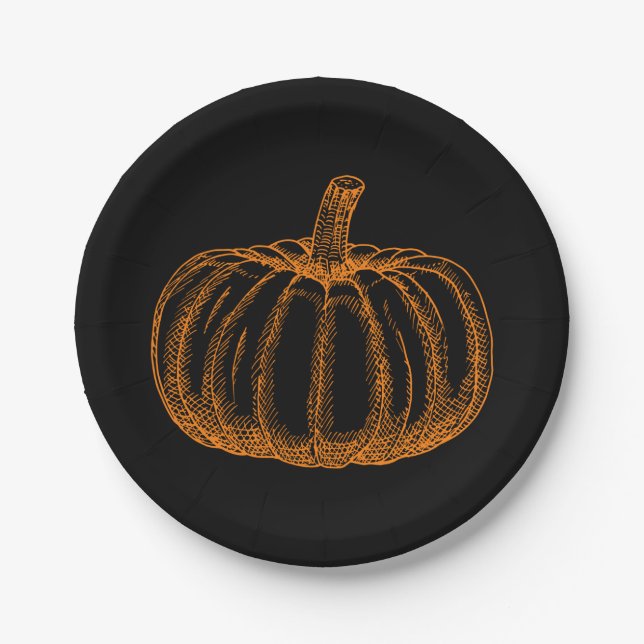 Sketched Halloween Pumpkin Paper Plate (Front)