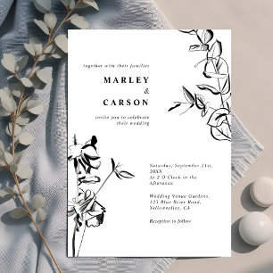 Sketched Hand Drawn Floral Black White Wedding Invitation