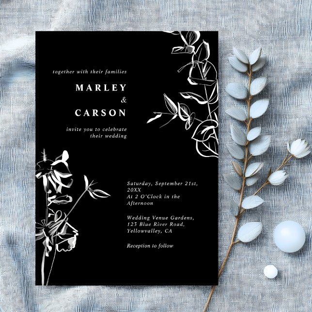 Sketched Hand Drawn Floral Sleek Black Wedding Invitation (Creator Uploaded)