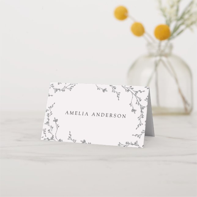 Sketched Modern Floral Wedding Place Card (Front)