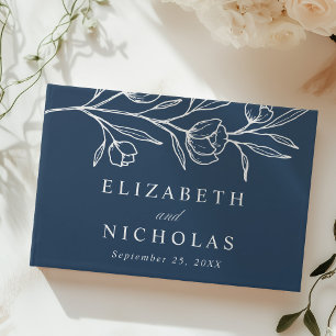 Sketched Navy Floral Photo Wedding Guest Book
