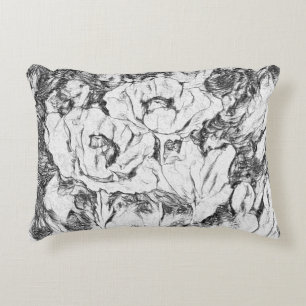Sketched pen hand drawn poppies flowers floral whi decorative cushion