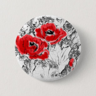 Sketched pen hand drawn red poppies flowers floral 6 cm round badge